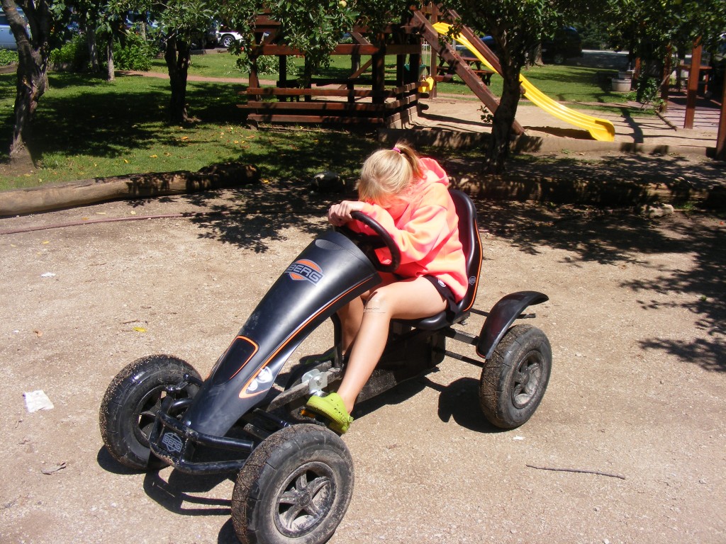 This car we found on vacation is big enough for her, but it takes more strength and steering ability than Maddie can manage for very long. 